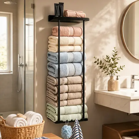 Wall-Mounted 30-in Bath Storage Holder with 6 Towel Shelf, Rust-Proof Durable Metal Pole, Holds 6 Large Towels, 6.5" from Wall, Adds Fashion, Eco-Friendly Modern Bathroom Accessory for Apartments with Easy Installation