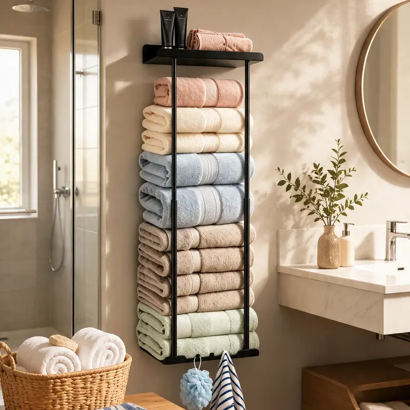 Wall-Mounted 30-in Bath Storage Holder with 6 Towel Shelf, Rust-Proof Durable Metal Pole, Holds 6 Large Towels, 6.5" from Wall, Adds Fashion, Eco-Friendly Modern Bathroom Accessory for Apartments with Easy Installation