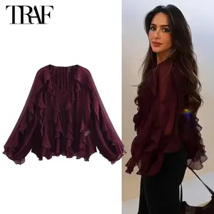 TRAF Ruffle Womens Blouses Semi Sheer Casual Blouses Woman Spring Fairy Shirts and Blouses for Lady Long Sleeve Tops Woman 2025