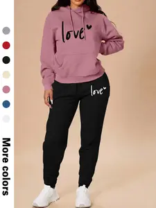 Women's Letter Print Hooded & Sweatpants Set, Casual Long Sleeve Pullover Hooded & Jogger Pants, Women's Fall & Winter Clothes for Daily Wear