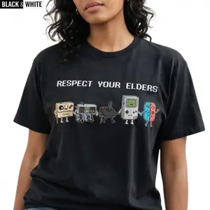 Funny "Respect Your Elders" Retro Gamer T-Shirt. Nostalgic 80s.90s Pixel Art Controller Graphic Tee. oversize Trend  Gift for Him Her Unisex Cotton Top