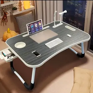 Folding Lap Desk Portable Laptop Bed Table with Drawer Cup Holder Tablet Phone Stand USB Charging Port Multi Purpose Foldable Desk for Home Office Study Reading Eating Entertainment Anti Slip Sponge Curved Design