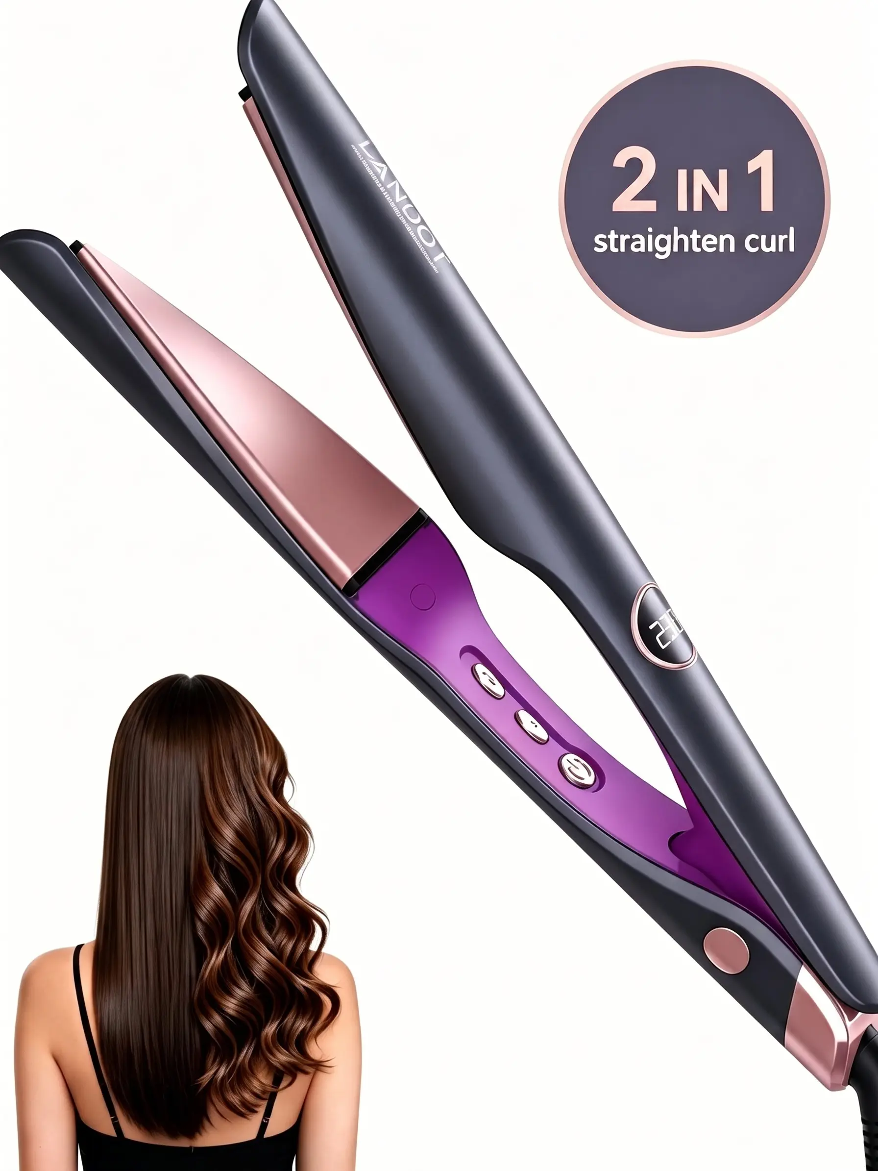 LANDOT 2-in-1 Hair Straightener and Curler, 1" Twist Ceramic Floating Plate Flat Iron, Dual Voltage, 12 Temps (250-450°F), 30s Fast Heat, LCD Display, Anti-Scald Tips, 60-Min Auto Shut-Off, Travel-Ready Gift