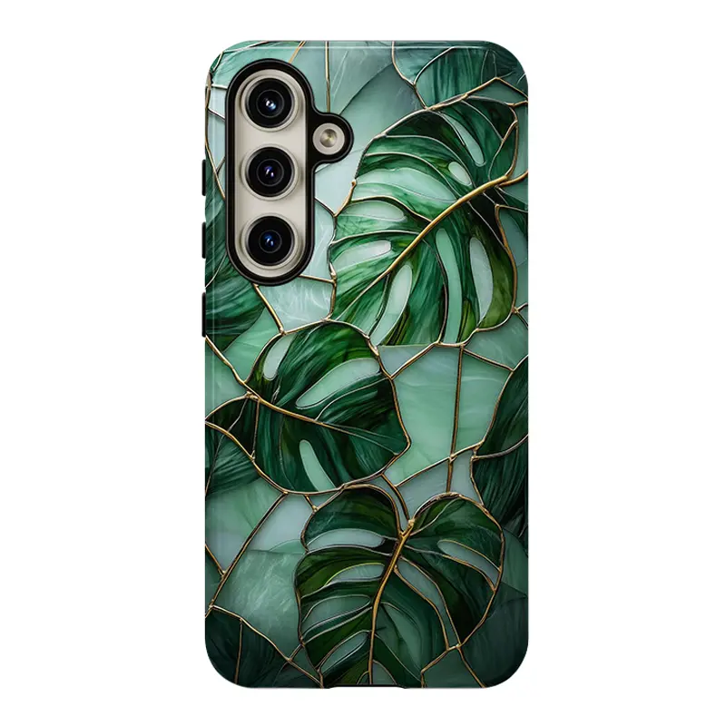 Monstera Leafs Phone Case Art Deco Green Houseplants Artful Trendy Vintage Gift, Shockproof Dual Layer Soft TPU Hard Bumper Shell for Samsung S26 S25 S24 S23 S22 S21 NOTE20 Ultra A71 A56 A36 Plus FE A06 A13 A14 A15 A16 A23 A25 A26 A34 A52 A53 A54 A55 Edge