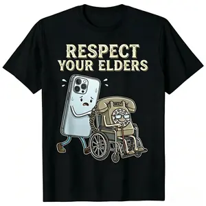 Respect Your Elders" Tech T-Shirt - Modern Smartphone & Retro Rotary Phone Design - Unique Gadget Evolution Humor Tee - Soft Cotton Graphic Shirt for Techies & Geeks Vintage Casual Bear Unisex Short Round Neck