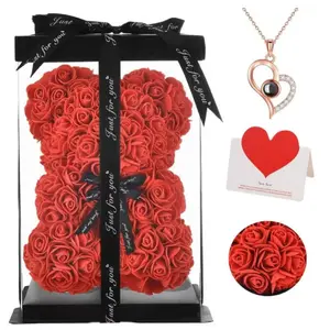 25cm Pe Foam Rose Bear Love Heart Necklace Gift Set, 100 Languages Message Card Included, Perfect for Valentine's Day & Mother's Day Gifts