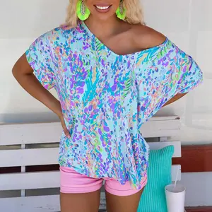 Sky Blue Loose Painted Floral Tee