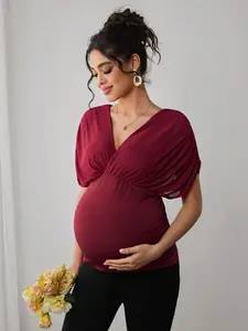 ROSY x Momance Maternity V-Neck Short Sleeve T-Shirt With Crossover Neckline, Mesh Back, Bow Tie Design, Double Layer Knit Fitted Tee