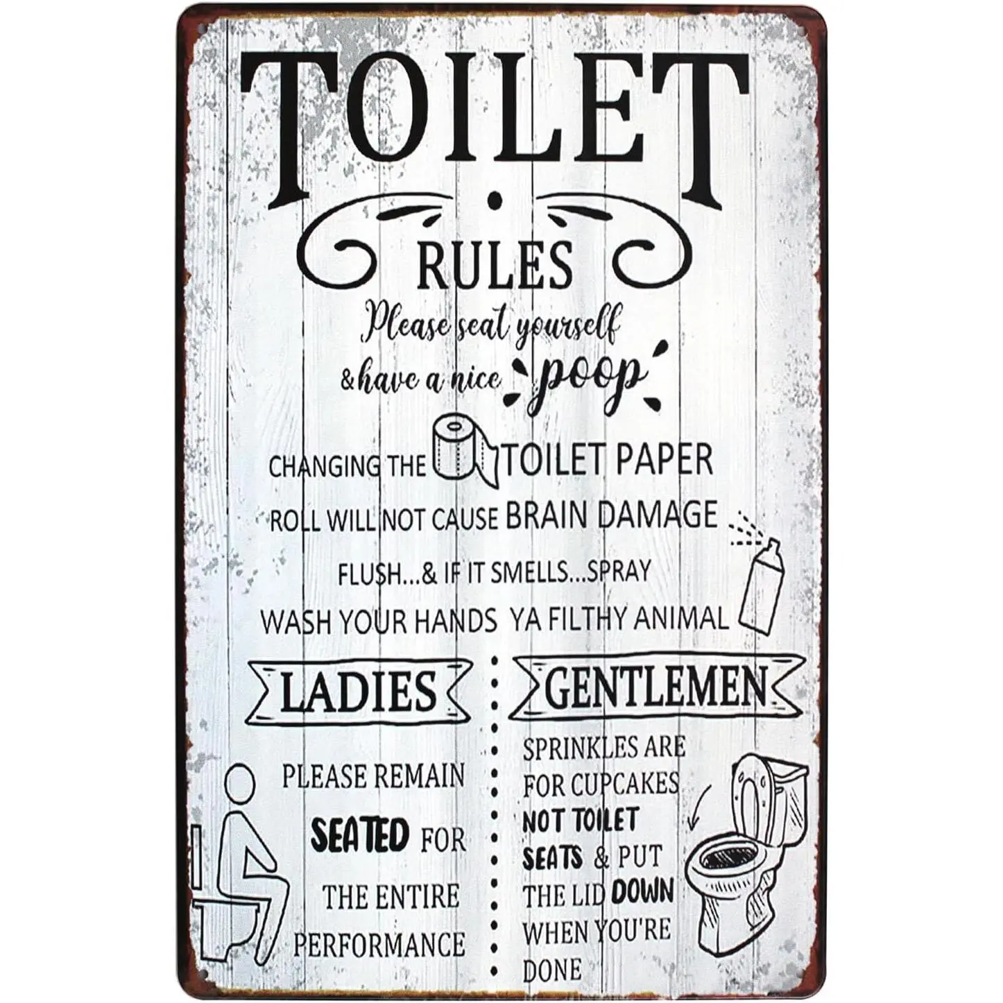 Retro Vibe Rectangle Metal Tin Toilet Rules Wall Plaque - Home Decor Products, Bathroom Decor, Male Cave Humor Sign with "Seat Yourself Have a Nice Poop" Quote, Retro Vibe Brings Kitschy Charm Home Gift for Family
