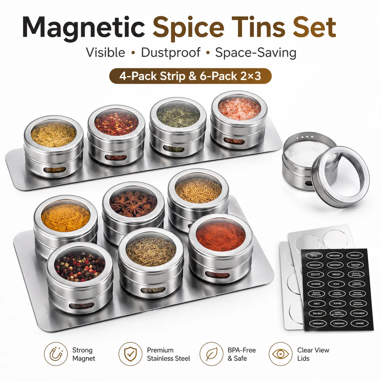 Magnetic Spice Tins Set - 4/6-Pack Stainless Steel Seasoning Storage, Kitchen Space Saver with Wall Mount, 100 Labels & Kitchen Utensils, Aesthetic, 4 Pack, Organize Kitchen