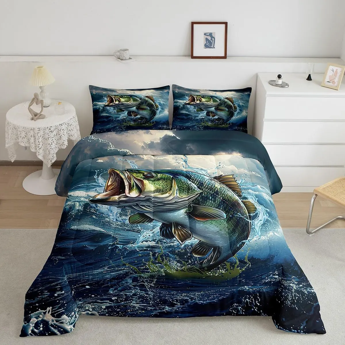 Pike & Bass Designer Microfiber Duvet Set - King Size Bed Bedding, All Seasons Quilt Set, Animal Fish Print Modern Geometric Fishing Theme, Super Soft, Lightweight, Breathable Decorative Bedding
