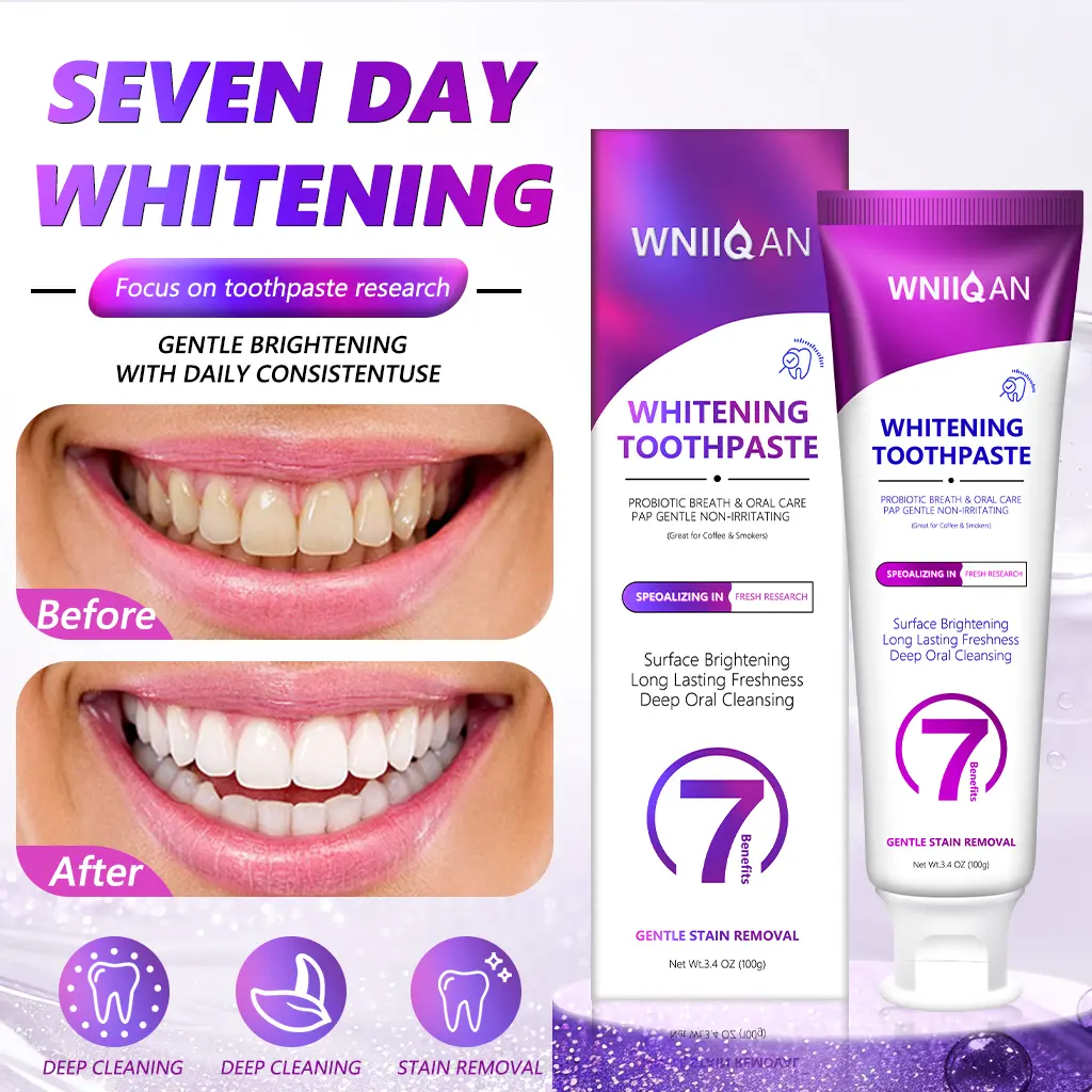 WNIIIQAN Purple Whitening Gel Toothpaste - 3.4oz Gentle Upgrade Edition, Fluoride-Free Natural Probiotics Minty Modern Breath Care Toothpaste for Stain Removal, Sensitivity Relief, Gum Health, Purple Teeth Whitening, Minty Toothpastes