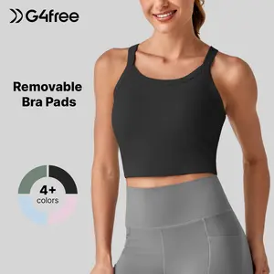 G4Free Barefeel Cropped Workout Tops for Women Built in Bra Removable Padded Longline Sports Bras Racerback Yoga Tops
