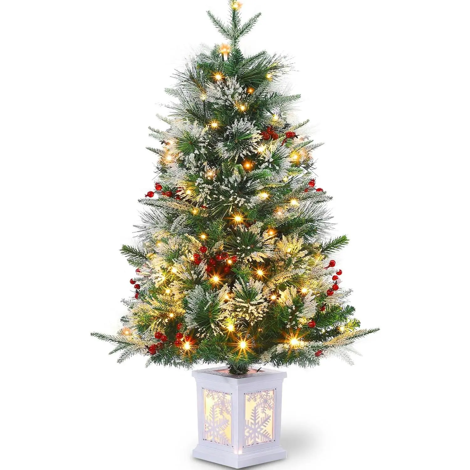 【Christmas Gift】3ft Pre-Lit Christmas Tree with Lights Small Artificial Snow Flocked Xmas Trees with 78 Warm White LED and Snowflake Pot Base and Red Berries Xmas Decoration for Home Christmas Decor