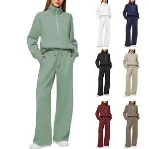 Women’s long two-piece sports set with zipper, wide-leg pants, autumn fashion, solid color, adult workout clothing