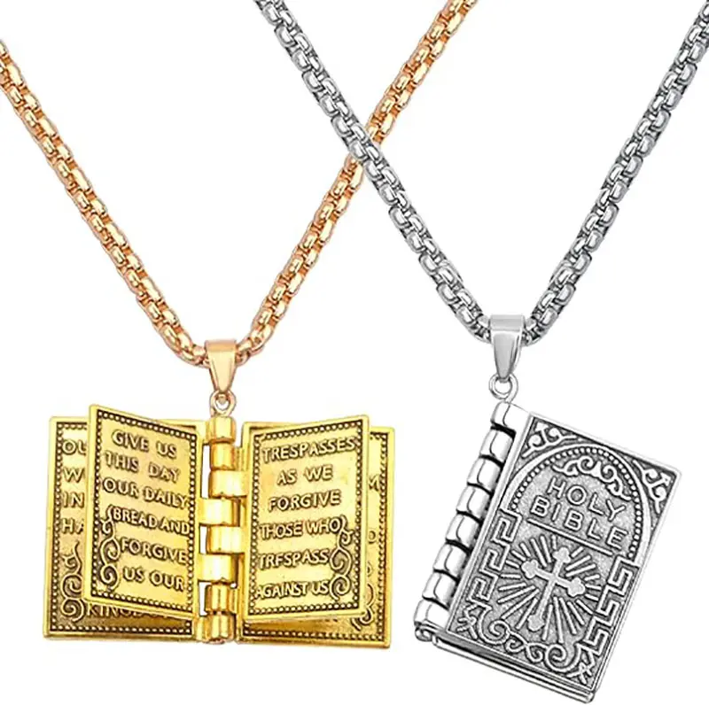 1pc Stainless Steel Vintage Open Bible Cross Pendant Necklace with Gold Statement Chain, Elegant Prayer Necklace, Ideal Christmas Gift