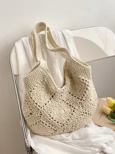 Women's Boho Crochet Tote Bag, Large Hollow Woven Shoulder Bag, Aesthetic Cotton Knit Hobo Purse, Casual Summer Beach Bag for Vacation, Daily, Shopping