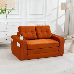 2 in 1 Fold Out   with Cup Holders & Side Pockets,  Expandable Loveseat   with Pillows for Living Room Bedroom, No Assembly Compressed   boneless  Bed Sofa  Corduroy Oversized Convertible floor sleeper deep seat lounge