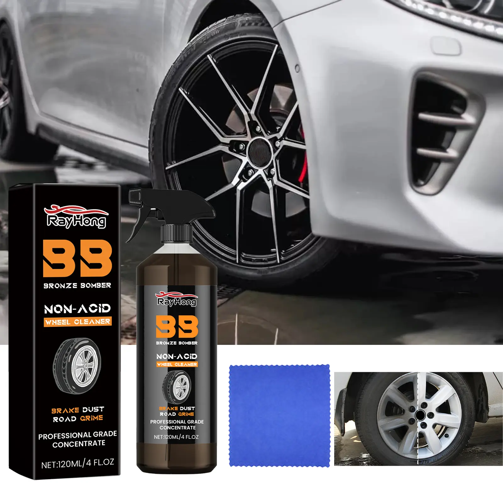 WheelBrite Professional Wheel & Tire Cleaner Spray Car Detailing Kit - Deep Cleaning Formula, Brake Dust Remover, Rust Stain Eliminator, Alloy Wheel Restorer, Microfiber Cloth, Tire Care Cream, Corrosion Prevention Layer, Alloy Wheel Restoration