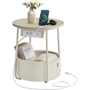 Side Table with Charging Station, Round End Table with Fabric Basket, Nightstand with Power Outlets, USB Ports, for Living Room, Bedroom, Modern, Cream White ULET228N01
