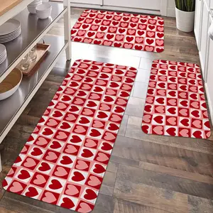 2/3pcs Valentine's Day decoration kitchen carpet, Modern runner rug, white checkered bottom with red and pink heart print pattern, non slip, soft, comfortable and easy to clean, suitable for bedroom, living room, kitchen foot mats