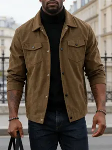 Men's corduroy workwear jacket, buttoned front and button closure - double pocket decoration design on the chest, casual jacket, durable fabric, suitable for daily life, outdoor leisure and formal wear