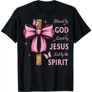 Women's 100% Cotton Short-Sleeve Casual Streetwear Vintage Top, Blessed by God Loved by Jesus, Pink Coquette Bow and Cross Everyday T-Shirt,summervibes