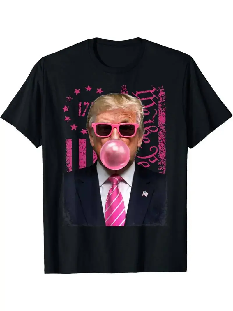 Men's Short-Sleeve Loose Streetwear T-Shirt - Funny Trump Design, Bubble Gum Pink USA Flag Print, 180g Top, Shortsleeve, Casual, Menswear, Tshirt, Graphic Shirts