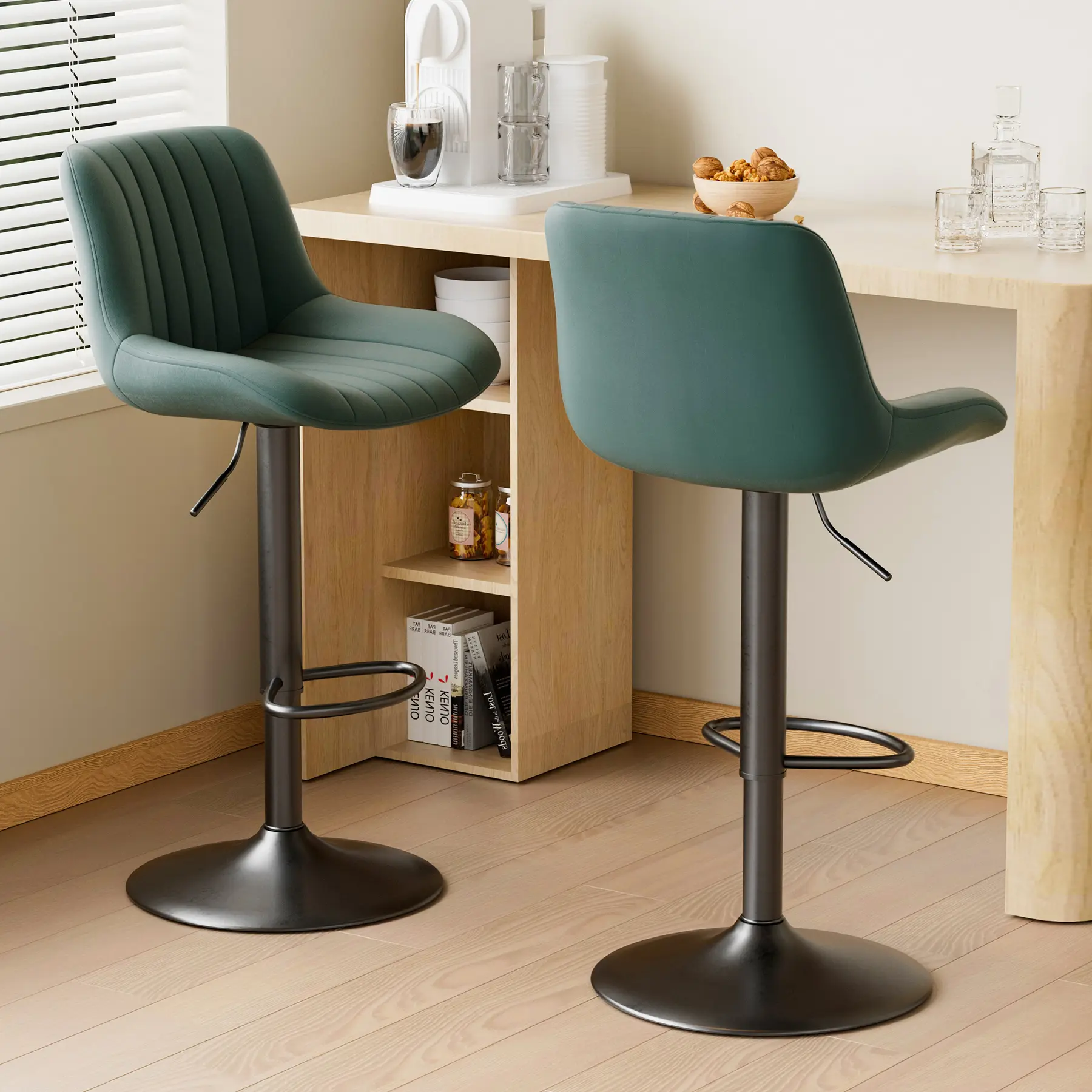 Vintage Industrial Bar Stools with Back 2-Piece Set, 360° Swivel Adjustable Height (23.6-33.5") Counter Stools for Kitchen Island, PU Leather, High-Density Foam, Heavy Duty 300LBS