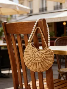 Pearl Chain Crochet Shell Weaving Straw Weaving Crescent Bag, Bohemian Style Woven Crescent Handbag, Detachable Imitation Pearl Strap Beach Bag, Suitable for Summer Vacation, Weddings, and Daily Outfits, Ideal for Women, Brides, and Fashion Enthusiasts