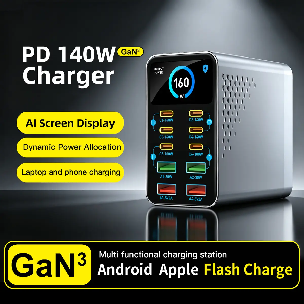 165W Total GaN3 10-Port Compact Rapid Charging Desktop Station - Smart Digital Display, 140W Max Single-Port Output, US Plug, Type C Chargers for Cellphone, Smartphone, Laptop, Office Electronics