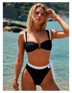 Bandeau Bikini Set Women's 2 Piece - Black & White Contrast Swimsuit; Tie Side Bathing Suit; Adjustable Strapless Top; Summer Beach Pool Swimwear