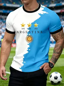Men's Argentina Flag Color Sun Gold Label Print T-Shirt, Trendy Football Theme Design, Casual Fitted Short Sleeve Top for Fans