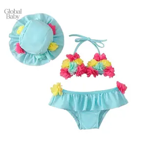 Global Baby Infant Girls Three-piece Bathing Suit, Flower Halter Neck Swimming Tops, Bottoms and Sun Protection Cap Floral Bikini with hat for summer wear |Swimwear for girls