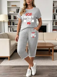 Women's Casual Two-Piece Set, Grey, Womenswear, God Don't Play About Me Print, Elastic Short Sleeve T-Shirt & Seven-Quarter Pants, Summer Fashion