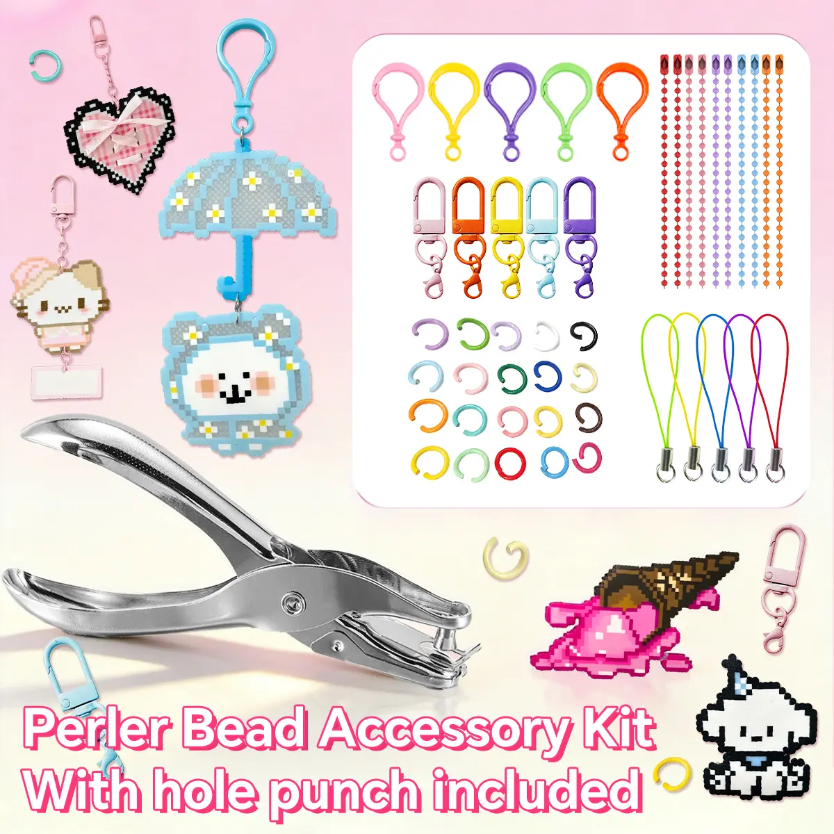 Deluxe Perler Bead Accessory Kit for DIY Keychains, Chains, Clasps, Jump Rings & Hole Punch