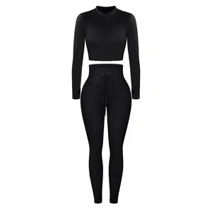 Ribbed Seamless Yoga Set for Women - Zip Neck Long Sleeve Top with Thumbholes & Drawstring Tummy Control Leggings Live（ttl giveaway link)）