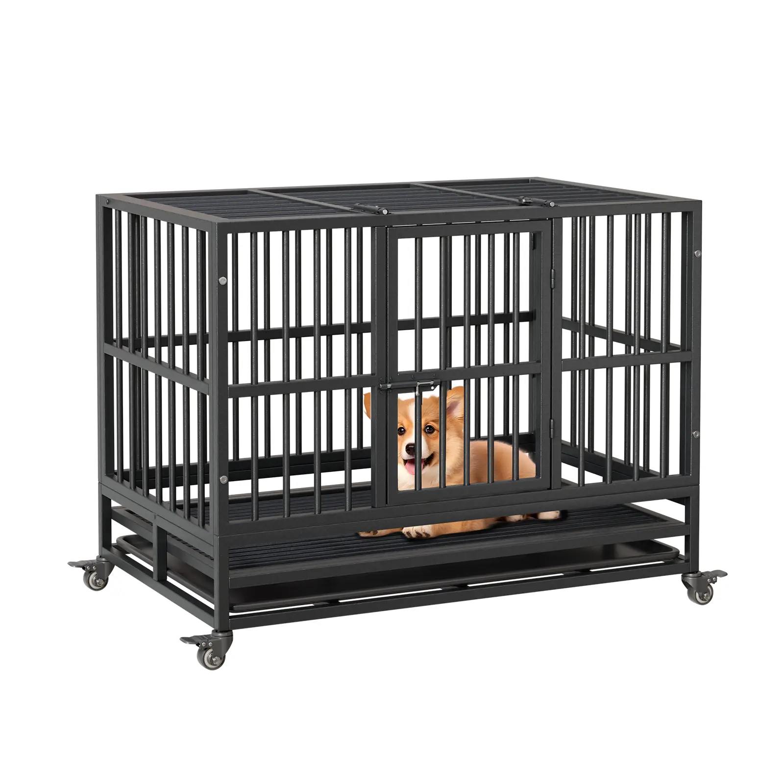 Garvee Escape-Proof Heavy Duty Dog Crate – Durable Metal Kennel Cage with Double Doors, Lockable 360° Wheels, Removable Easy-Clean Tray – Indoor/Outdoor Secure Pet House for All Dog Sizes, Easy Assembly