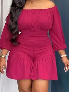 Rose Red OffShoulder Ruffle Fitted Holiday Jumpsuit