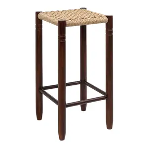 Columnar Casual Bohemian Handcrafted Teak Wood Backless Indoor/Outdoor Bar Stool with Synthetic Woven Rattan Seat