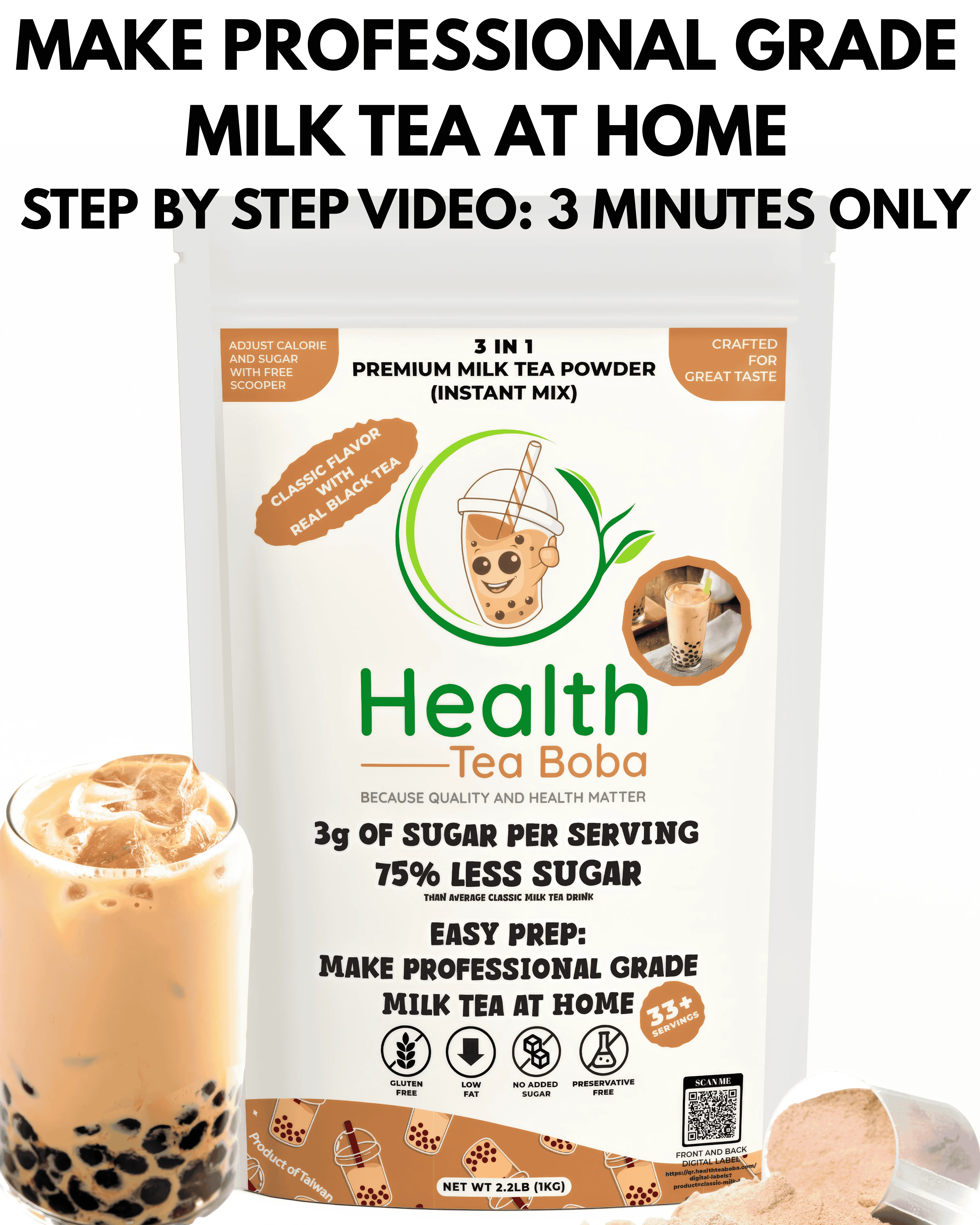 2.2 LB (33+ servings) Low Sugar Low Calorie Great Tasting Boba Powder - Professional-Grade Milk Tea with 3g Sugar, Low Fat, Gluten-Free