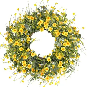 Yellow Daisy Wreath 24 Inch Spring Summer Wreath Fake Silk Floral Wreath with Green Eucalyptus Leaves and Lavender for Front Door Window Wall Wedding Farmhouse Festival Decor