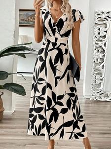 women's leaf print v neck dress, lady casual fashion long dress for spring & fall, women's clothing for daily wear, womenswear, summer clothes women, dresses for women