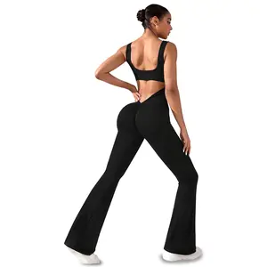 Sleeveless Flare Jumpsuits for Women Sexy Backless Bodycon V Back Scrunch Butt Yoga Rompers Seamless Workout Bodysuit