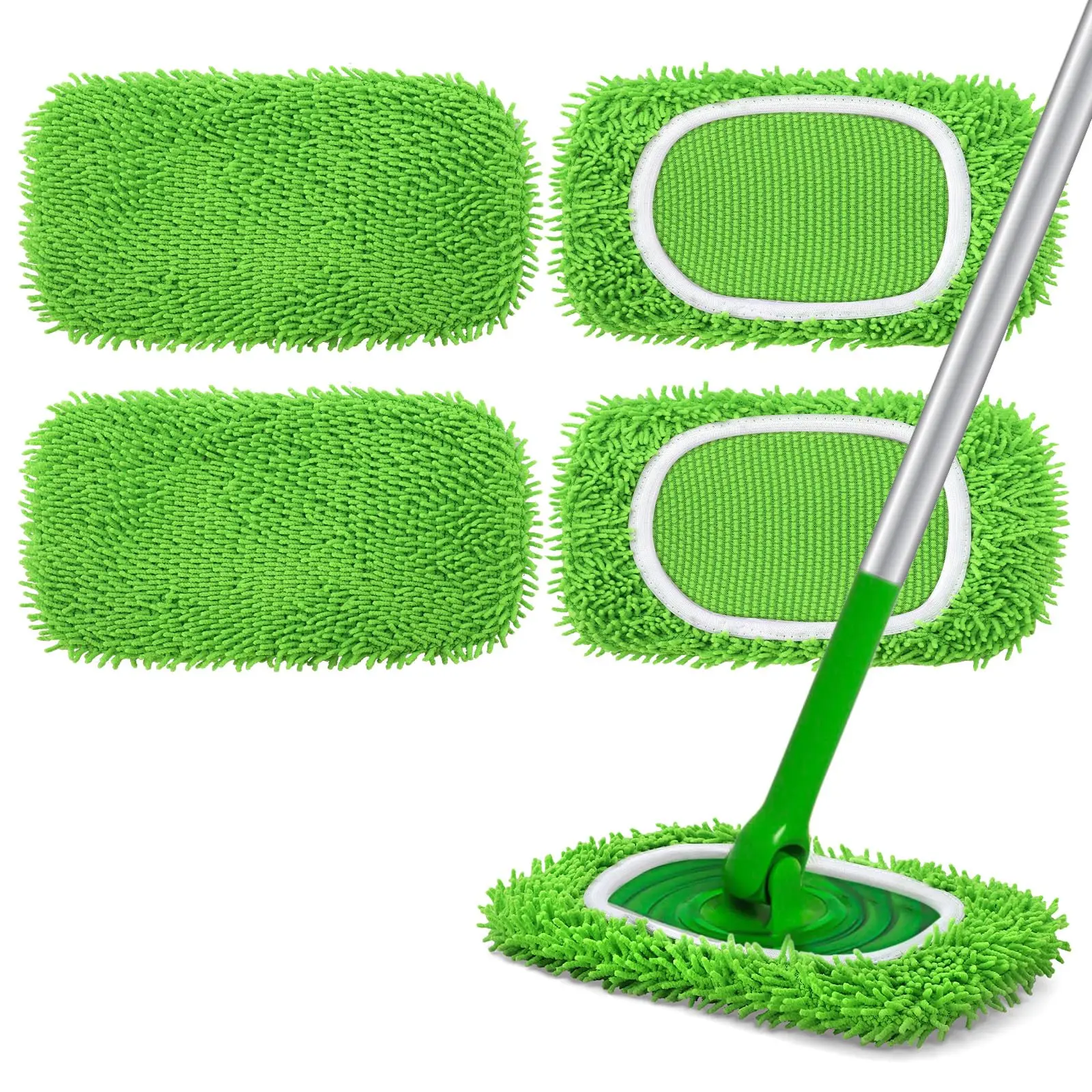 Reusable microfiber mop pads compatible with Swiffer Sweeper – 4-pack dry sweeping cloths and wet mopping cloths – washable chenille wet pads refills for floor mopping (mop not included) cleaning