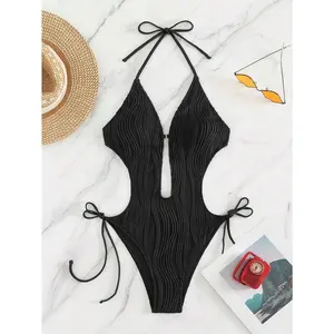 SwimCutOutTieSideHalterOnePieceSwimsuit,SummerBeach