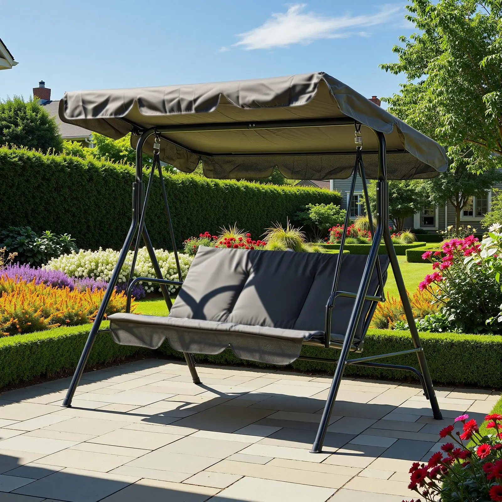 3-Person Outdoor Swing Chair with Adjustable Canopy, Breathable Fabric, Armrests, Heavy-Duty Frame, 600 lb Capacity – Perfect for Patio, Backyard, or Garden