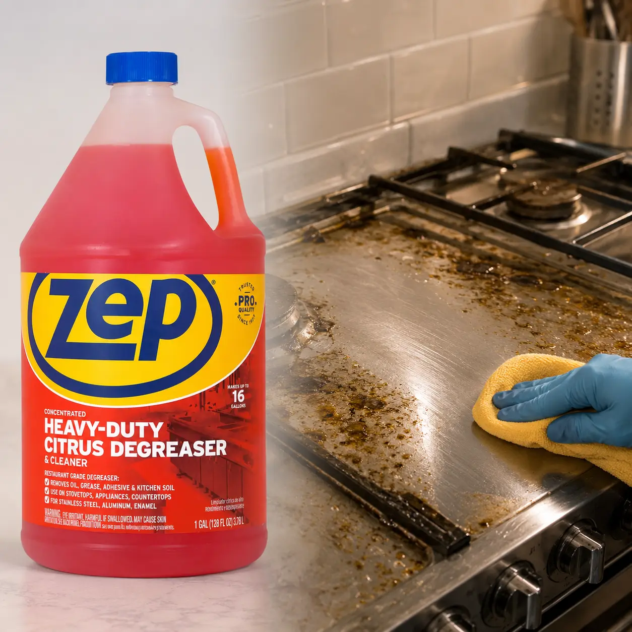 ZEP 1 Gallon Heavy-Duty Citrus Degreaser, Multi-Surface Cleaner, Grease Remover, Grill Cleaner, Stainless Steel Cleaner, Concrete Degreaser, Engine Cleaner, Natural Cleaner, Professional Strength Degreaser.
