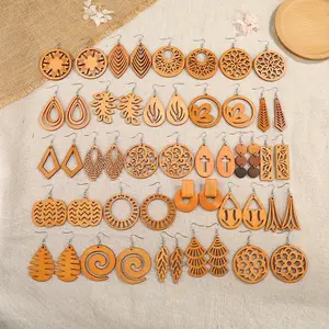 8 Pairs Personalized Hollowed Out Coffee Colored Wooden Earrings, Fashionable and Versatile Geometric Trendy Earrings