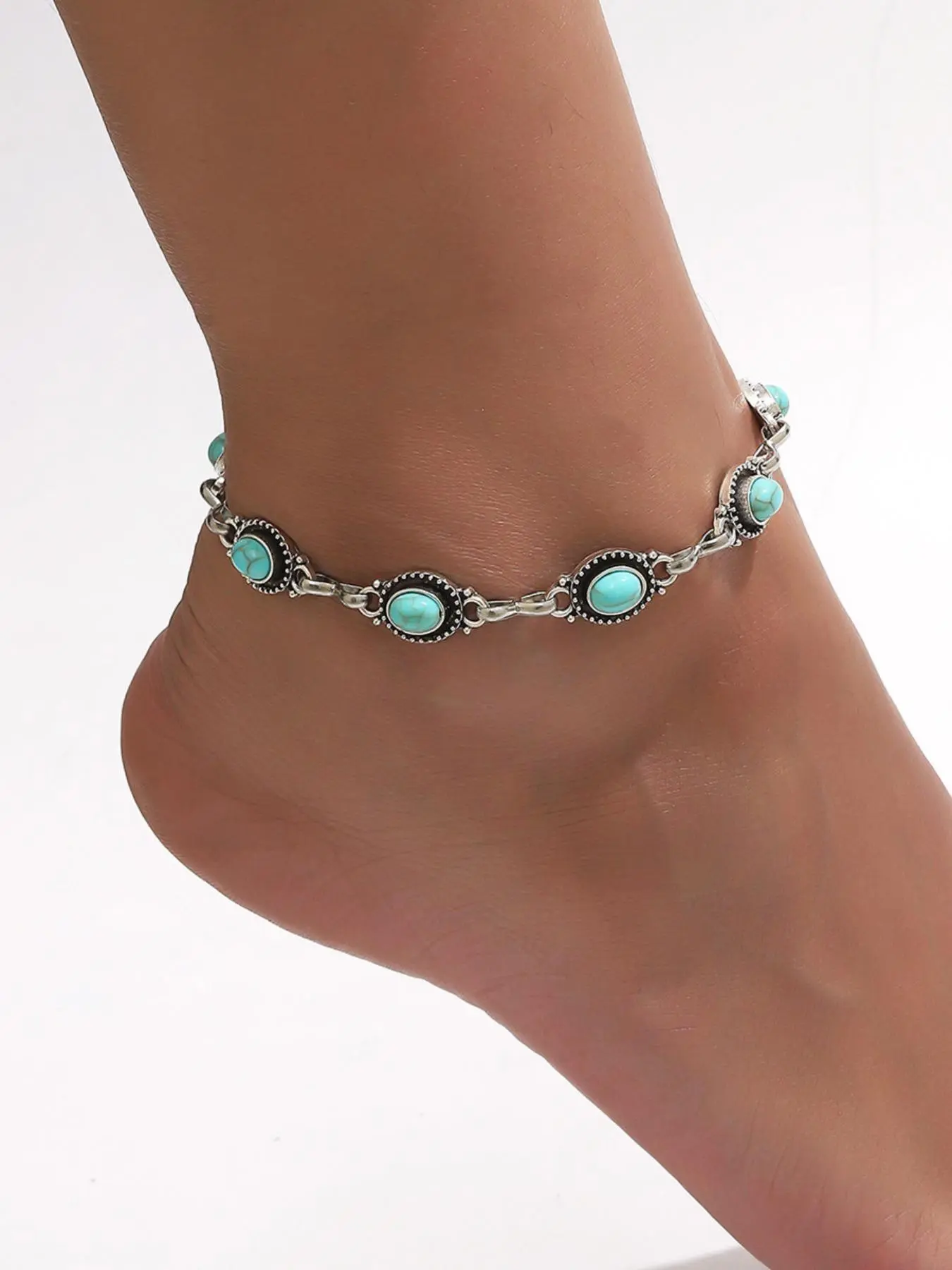 Serelune Jewelry Women's Vintage Turquoise Texture Beaded Anklet - 1-Piece Beaded Chain Accessory, Retro Fashion Body Jewelry for Party, Daily Wear, Birthday Gift, One-Piece